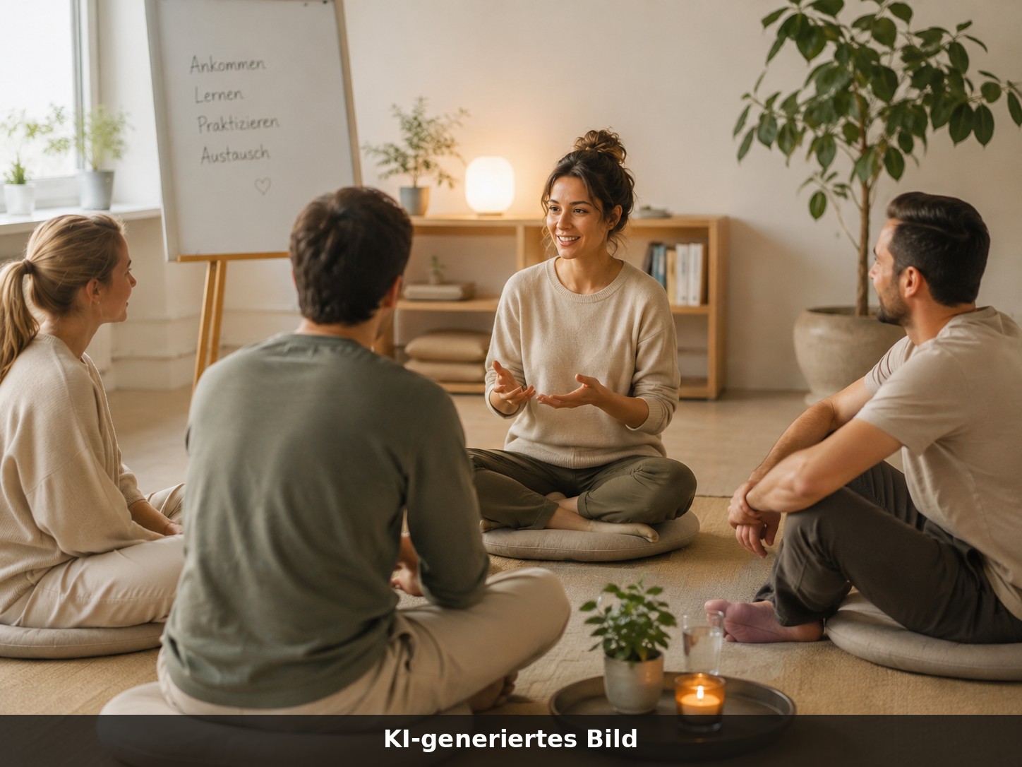 Kleine Gruppe sitzt im Kreis auf Kissen bei der Einführung des Kursabends (KI-generiertes Bild)