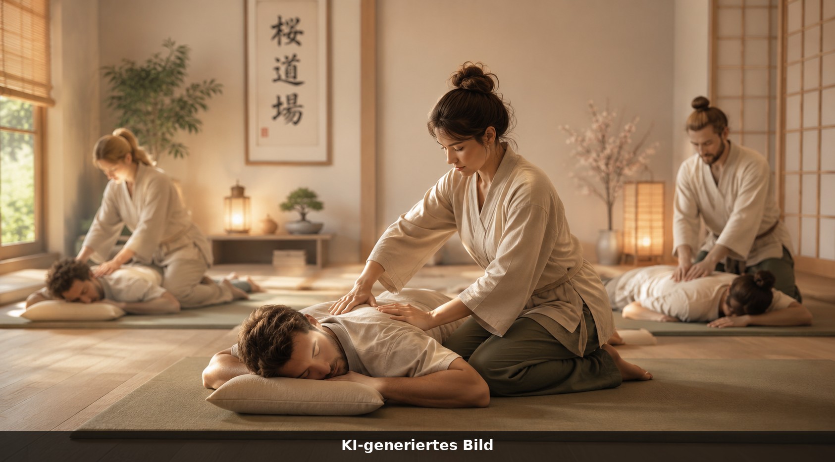 Massage-Kurs im Sakura Dojo Saarbrücken, mehrere Paare üben klassische Massage-Techniken auf Matten (KI-generiertes Bild)